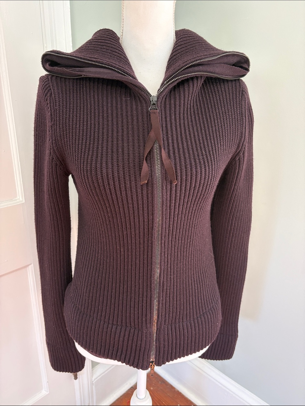 Patrizia Pepe Ribbed Zip-Up Hoodie‎ Sweater - Deep Plum Purple Small Wool & Silk